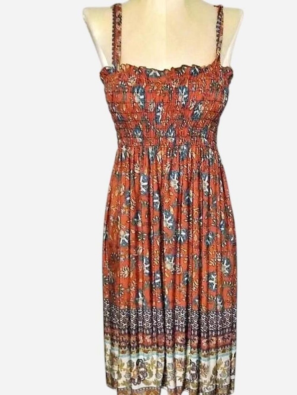 Source Unknown Rust Floral Smocked Midi Dress with Border Print - Picture 1 of 5